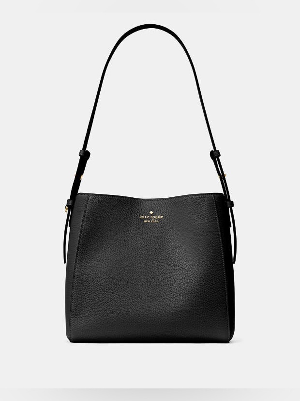 kate spade Black Pebbled Leather Shoulder Medium Bucket Bag with Gold Logo